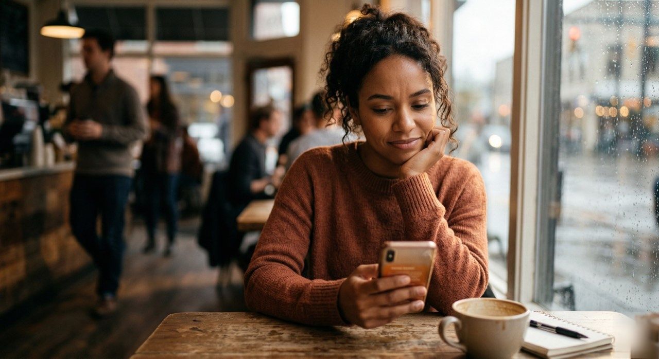Person thinking in a coffee shop